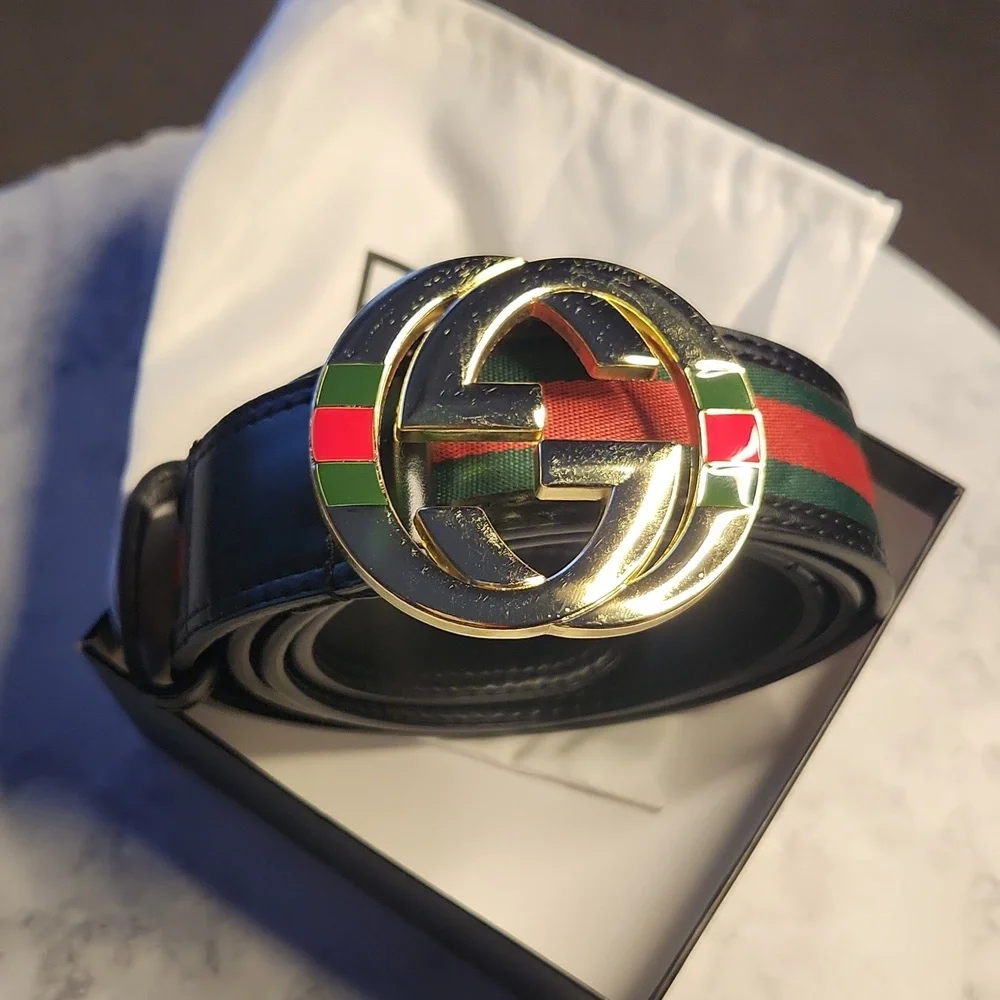 Gucci Black Leather Belt with Gold GG Buckle and Red-Green Stripe